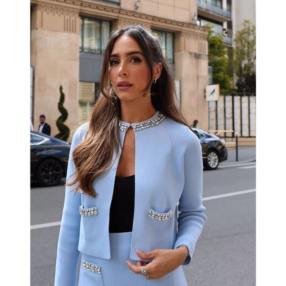ZARA Plain Knit Light Blue Jewel Rhinestone Embellished Cardigan Sweater - Picture 1 of 16
